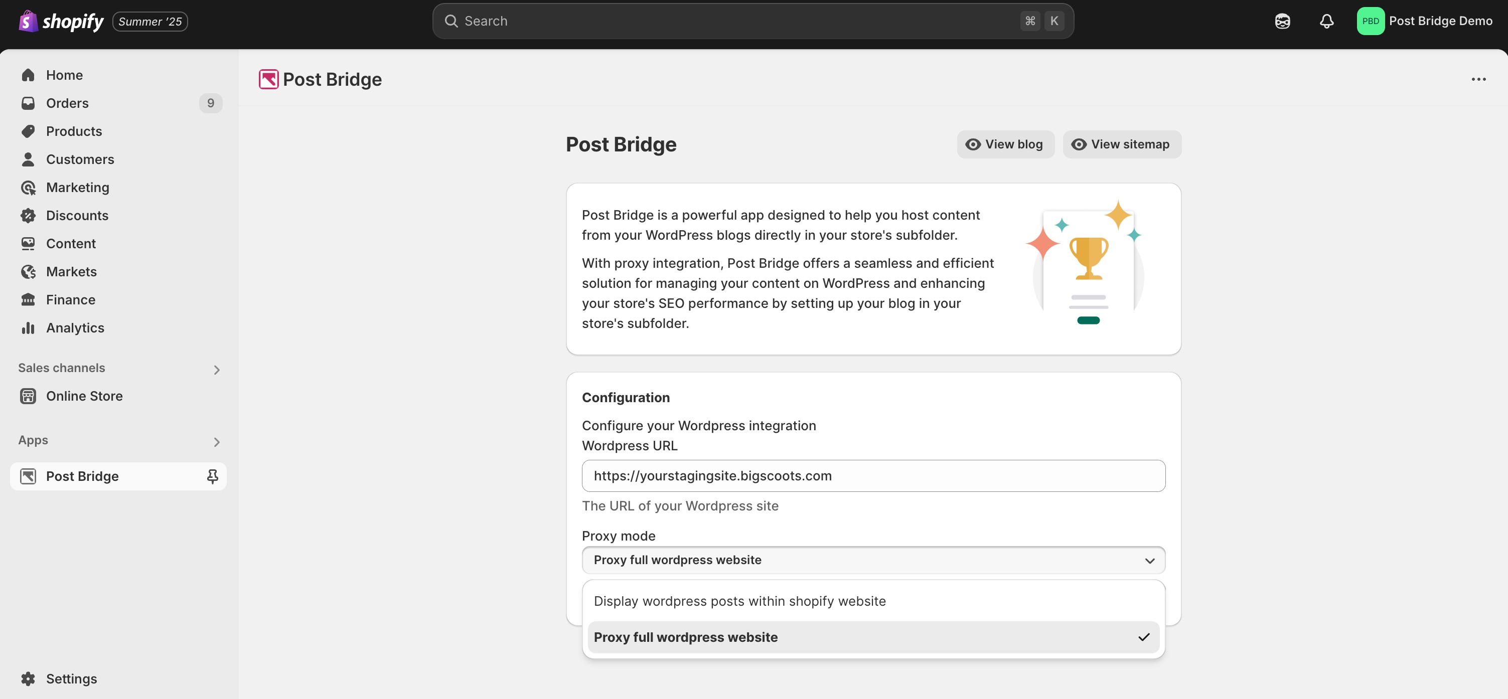 Post Bridge setup screen
